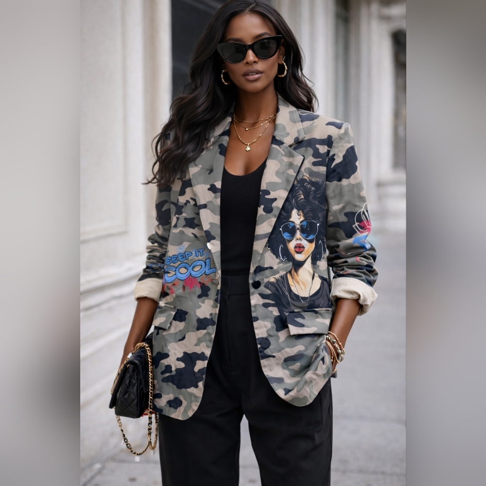 Chic Camouflage Print Graphic Oversized Women's Statement Blazer Jacket